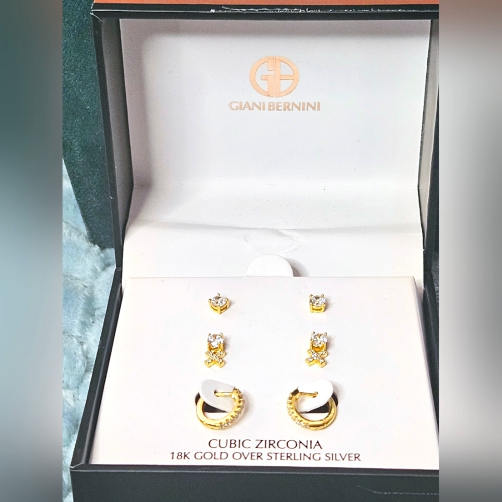 Giani Bernini 18k Gold Over SS Cubic Zirconia 3 Prs Earrings Set